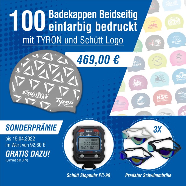 100 Badekappen mit beidseitigem einfarbigem Druck - Mit Tyron und Schütt Logo - Inklusive Prämie